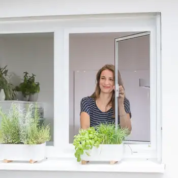 Frau �ffnet Fenster mit integriertem Drehfenster Spannrahmen hinter K�chenkr�utern