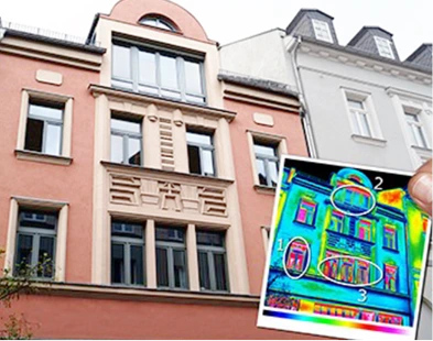 Hausfassade mit eingeblendeter W�rmebildkamera-Aufnahme, zeigt W�rmeverluste an Fenstern und Geb�udefassade zur Analyse der Energieeffizienz